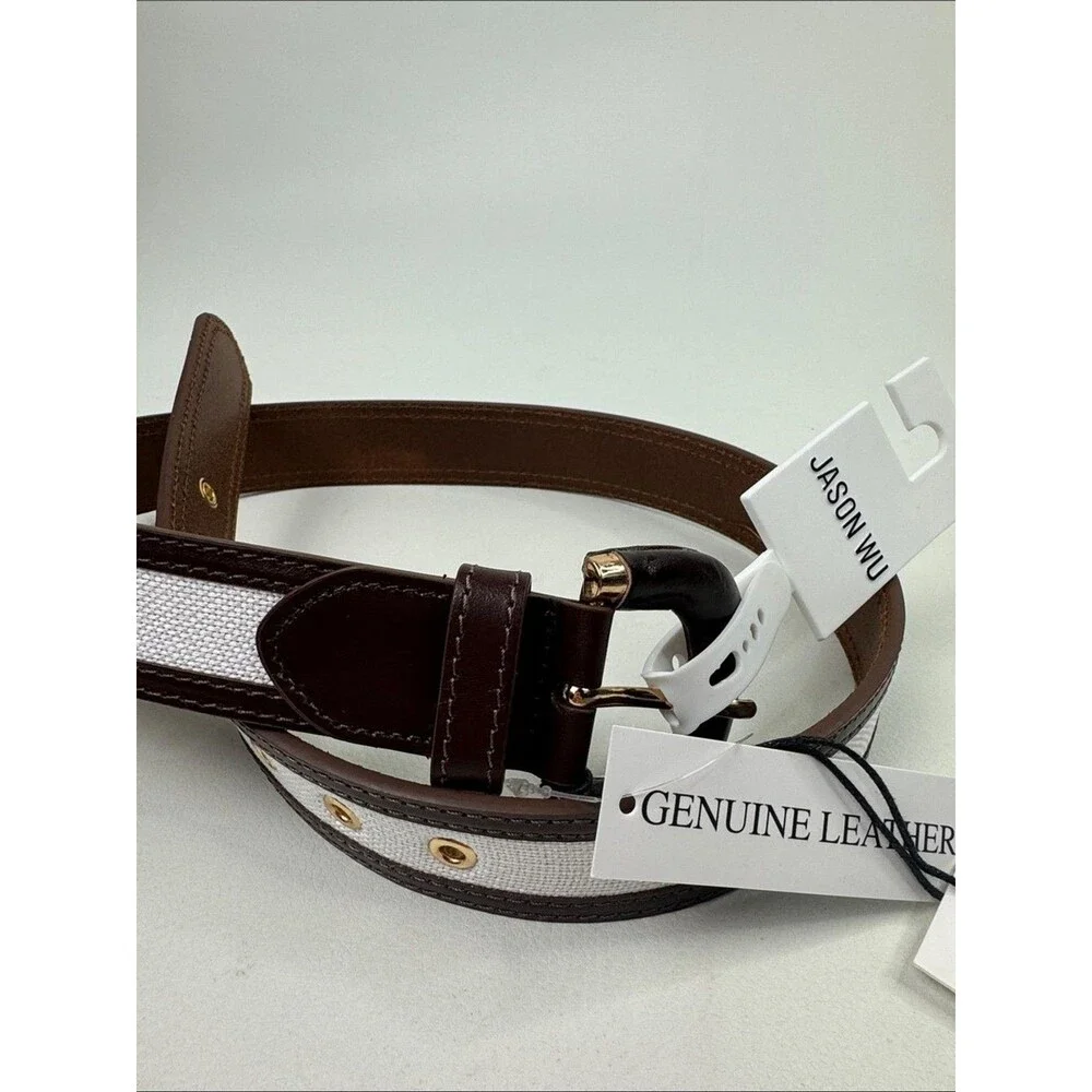 Jason Wu Women’s Brown Cognac & White Two-Tone Leather Belt with Gold Buckle New